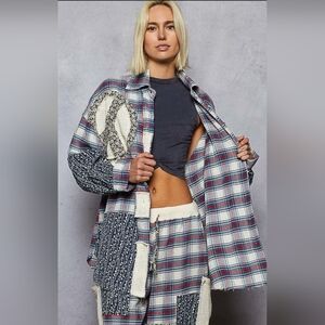#873 POL Vintage Washed Textured Plaid Peace Patch Shirt & Dbl Gauze Joggers SET